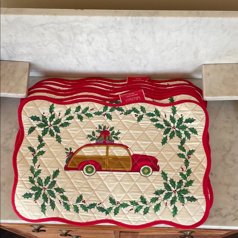 LENOX Holiday Antique Car and Holly Quilted Placemats Red and Green Qty (7)